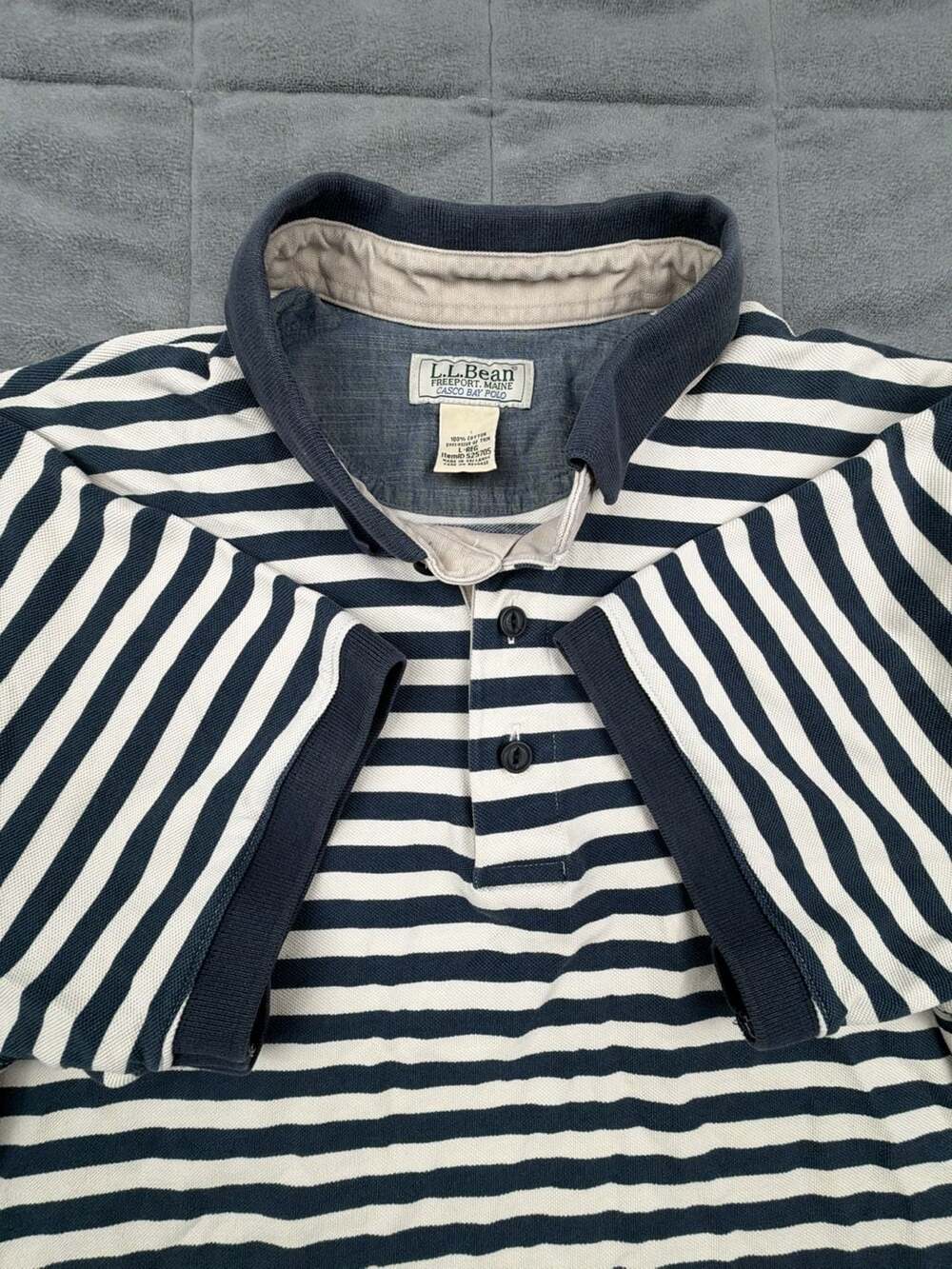 L.L. Bean Casco Bay Polo Navy White Striped Short Sleeve Shirt Large L-REG
